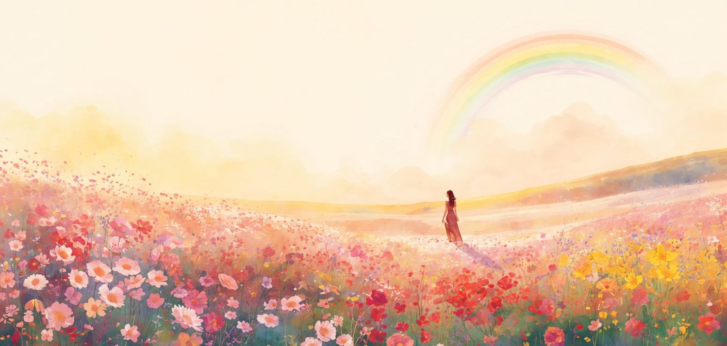 花畑と虹の中に立つ女性