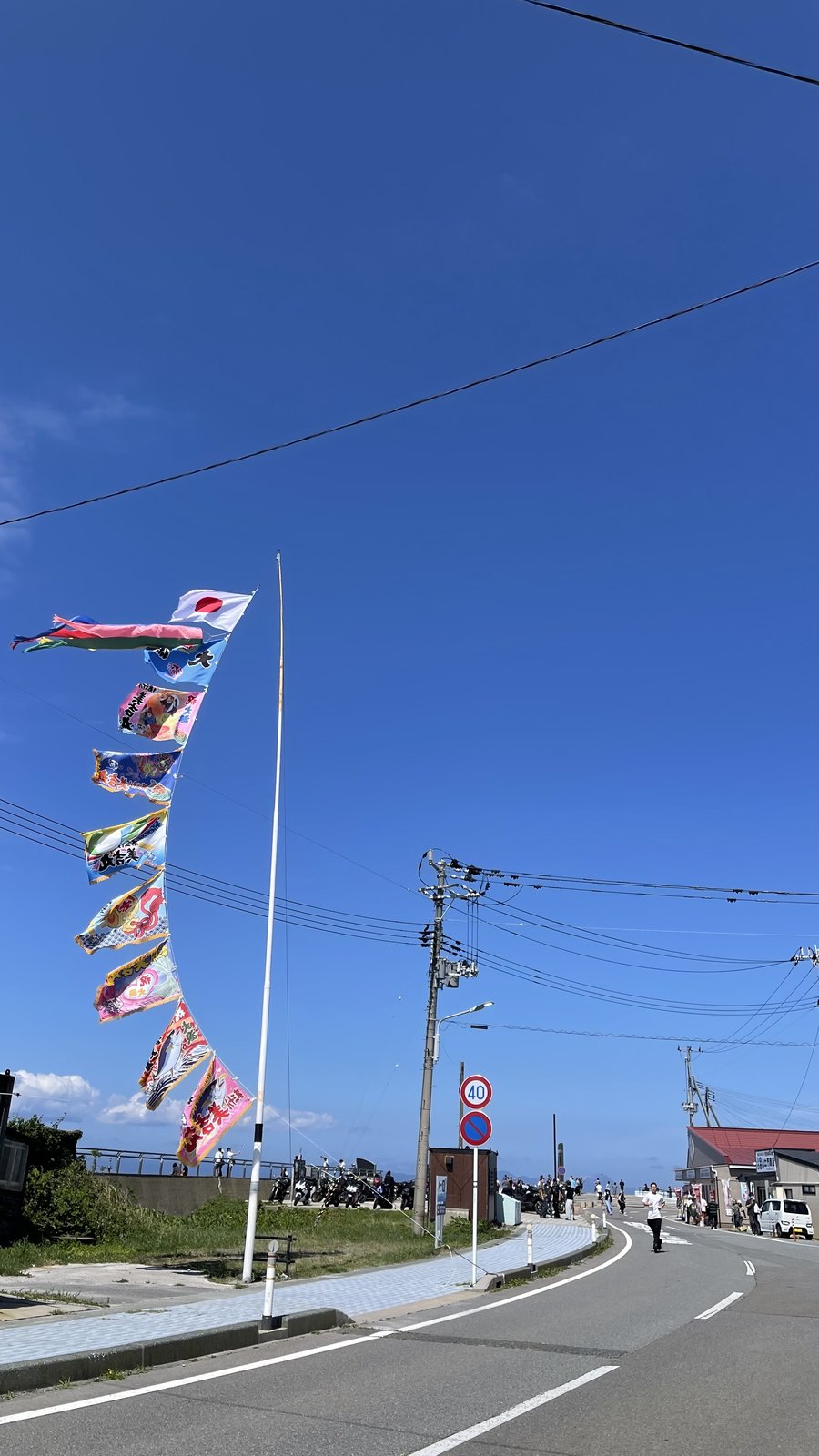 青空の下、大間の海沿いの道に掲げられた大漁旗と日の丸